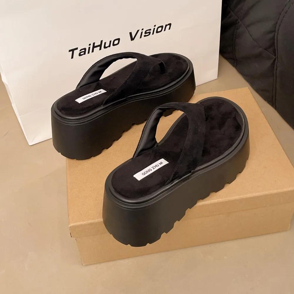 Wedge Outdoor Slippers Women's Summer Thick Bottom Flip Flops Outdoor High Waist Seaside Beach Leisure Flip Flops Suede