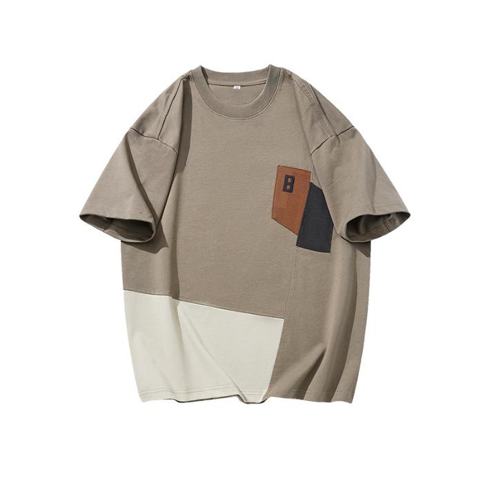 Summer Color-blocking Pure Cotton Short-sleeved T-shirt Men's Loose and Versatile Hong Kong Style Half-sleeved Casual Top