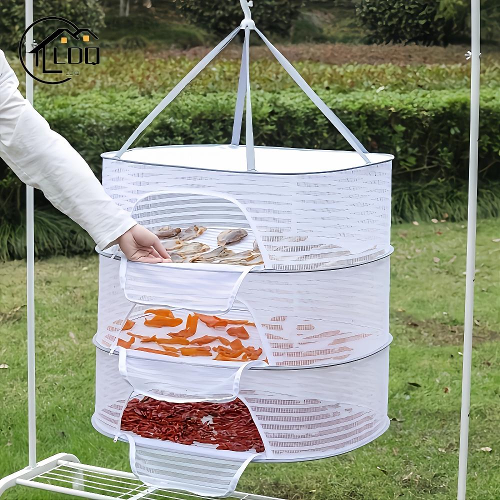 Foldable Drying Rack with Zipper Closure - Space Saving Three-layer Grid Dryer, Foldable Kitchen and Garden Storage Rack with Handle