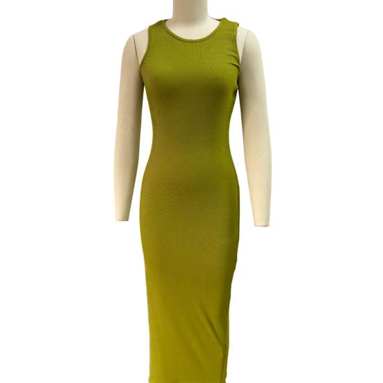 Summer Women Dress Sleeveless Split Hem Solid Color O Neck Elastic Sheath High Waist Ankle Length Skinny Solid Color Party Club Maxi Dress