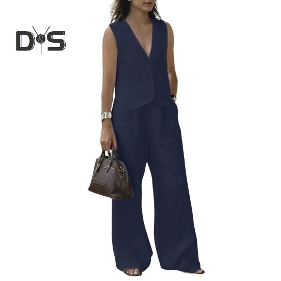 2 Teile/satz Frauen Weste Hosen Anzug Tiefem V-ausschnitt Ärmelloses Einfarbig Top Hohe Taille Breite Bein Hosen Casual Outfit OL büro Sommer Kleidung