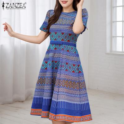 Damen Lässig Rundhals Sommer Kurzarm Print Kleid