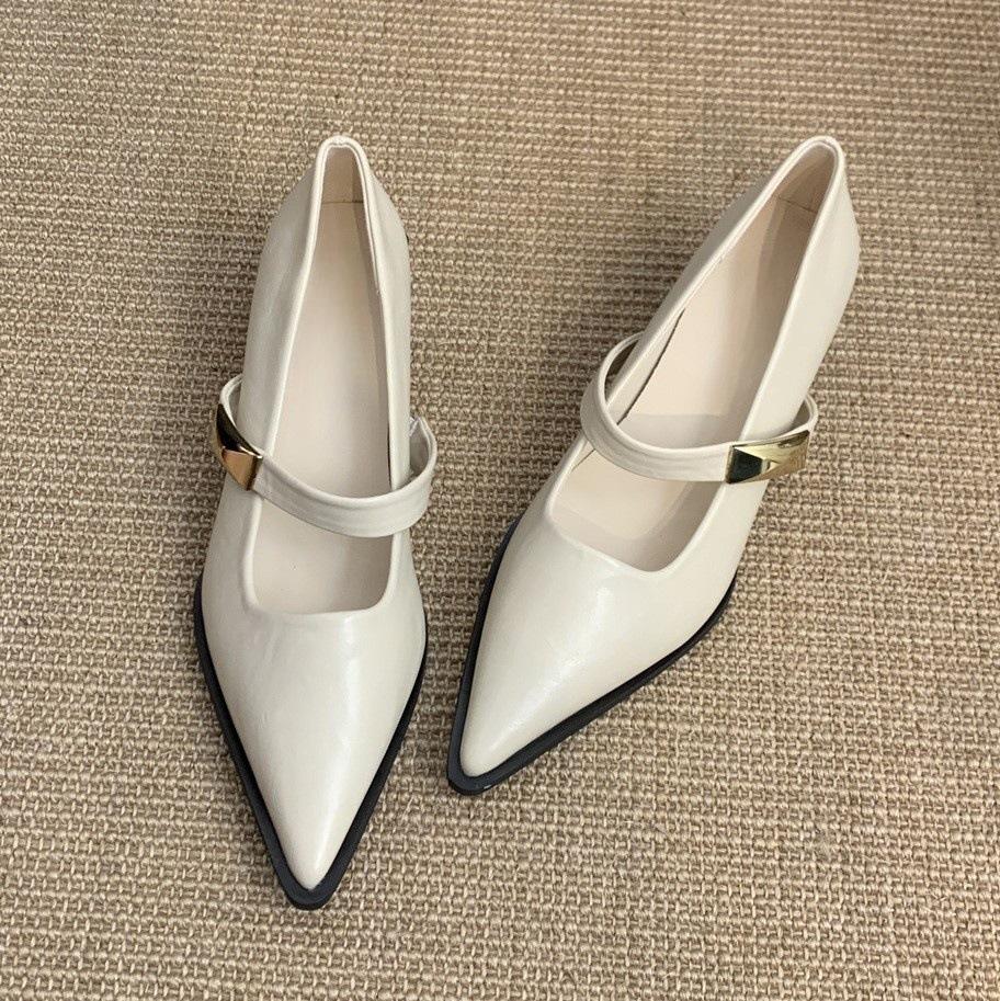 Shallow Mouth Pointed Single Shoes Women's New Temperament Commuting Thick Heel Mary Jane Small Leather Shoes