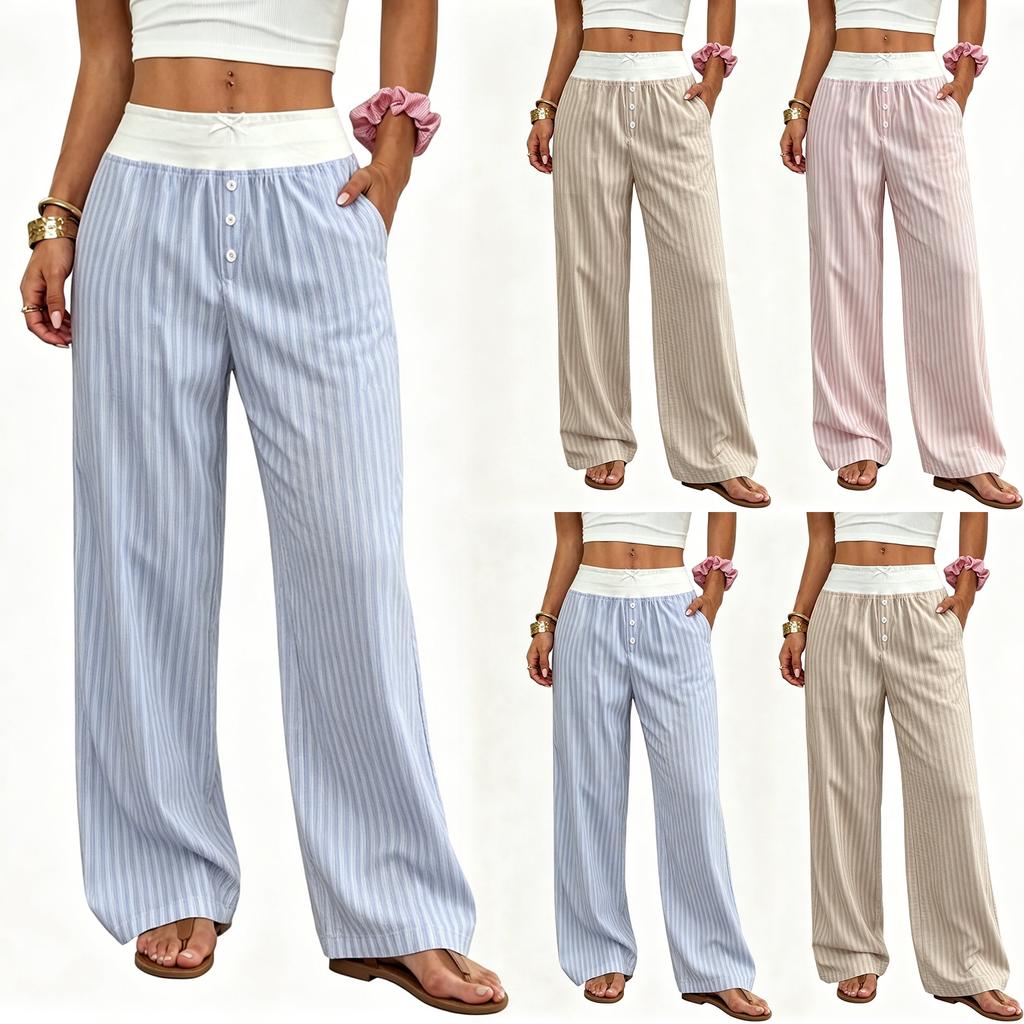 Ladies' Fashionable Casual Striped Wide Leg Pants