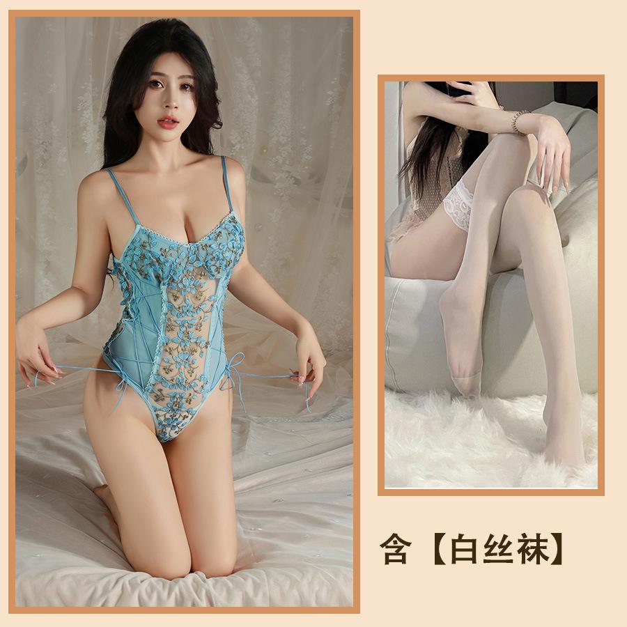 Sex Underwear Lace Embroidery Hollow Pajamas Sexy Suspender One-piece Waist Transparent Temptation Mesh Set