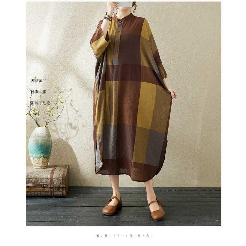 Summer New Temperament Literary Retro Printed Lapel Loose Large Size Vacation Dresses