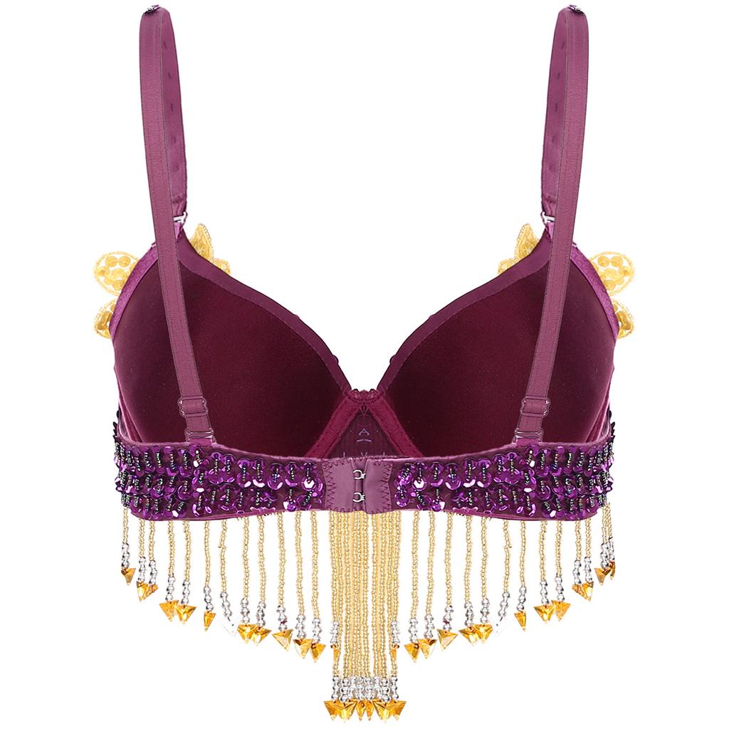 Dámský podprsenka na břišní tanec s flitry Nastavitelné ramínka Plastové korálkové třásně s kosticemi Třpytivý top Kostým