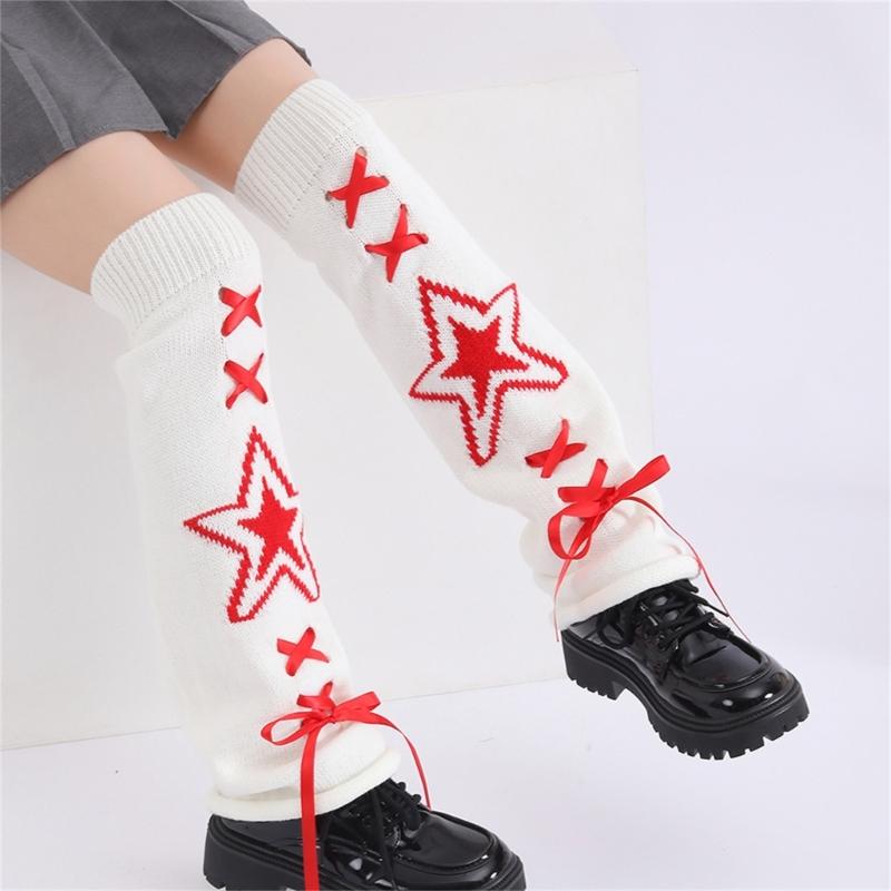 Women's Punk Star Pattern Knitted Leg Warmers with Ribbon Bows Flared Boot Covers Knee Length Socks Japanese Streetwear