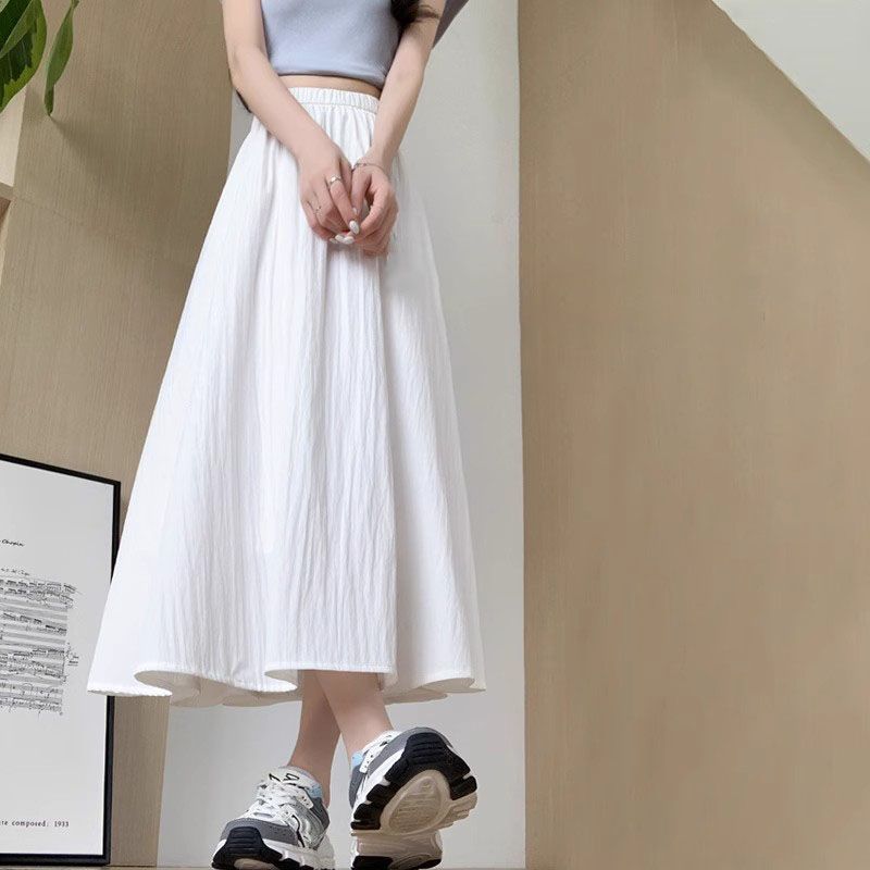 Women's Solid Color High-Waist Elastic Waist Slim-Fit Casual Midi Skirt - Versatile All-Match for Spring/Autumn