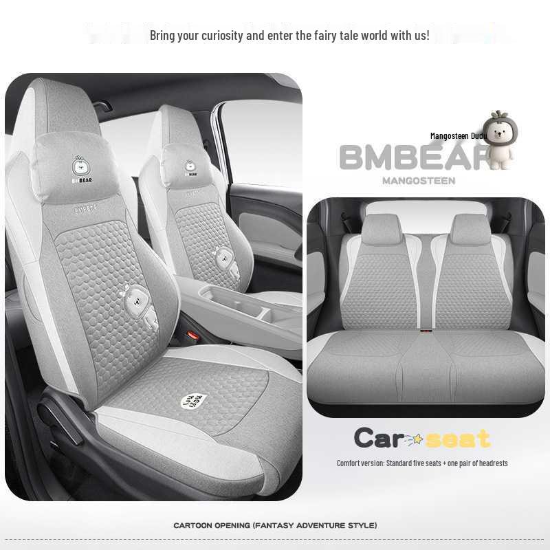 BYD Seagull Cotton & Linen Car Seat Cushions - Full-Coverage, Breathable, Cute Cartoon Design, Perfect for Women, All Seasons.