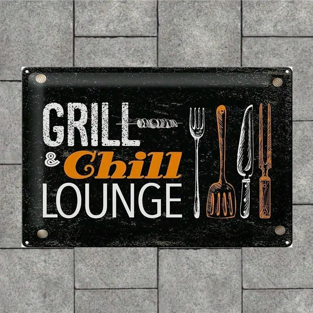 1 pz Segno in Metallo Art Déco Vintage Grill & Chill Resistente alle Intemperie e ai Raggi UV Decorazione da Parete