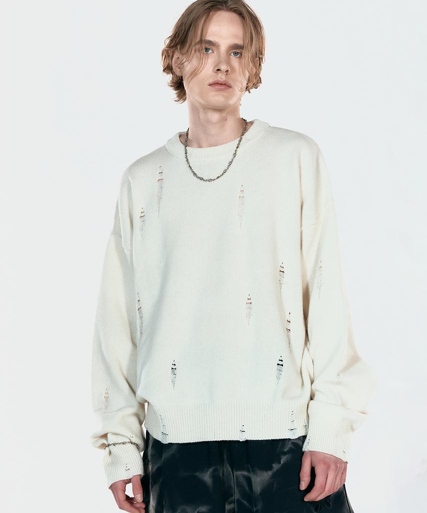 ULKIN [Runway] Damaged Round Neck Knit_Oatmeal