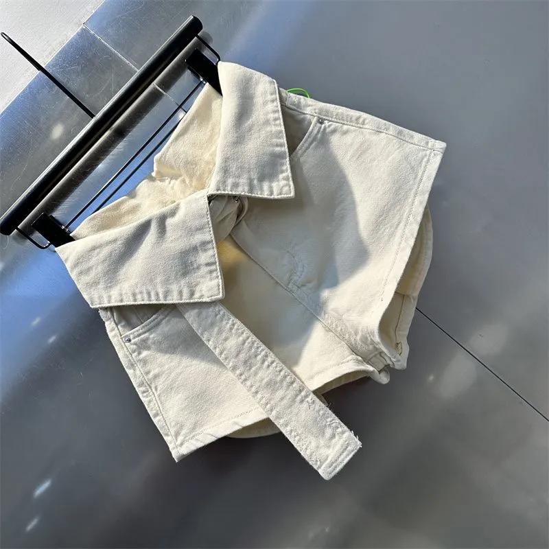 Women's Beige High Waisted Denim Shorts Oversized Collar Tie Waist Casual Hot Pants
