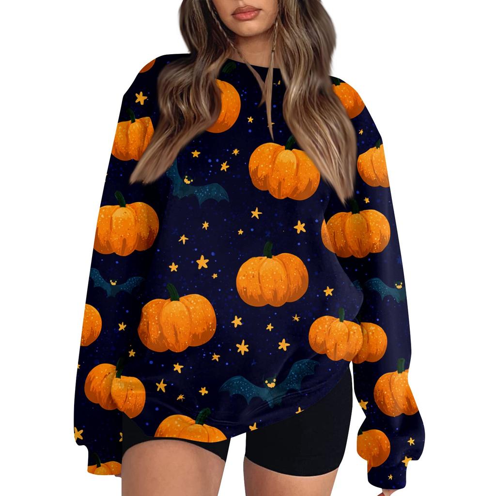 Women's Fashion Casual Long Sleeve Halloween Printed Neck Sweatshirt Top