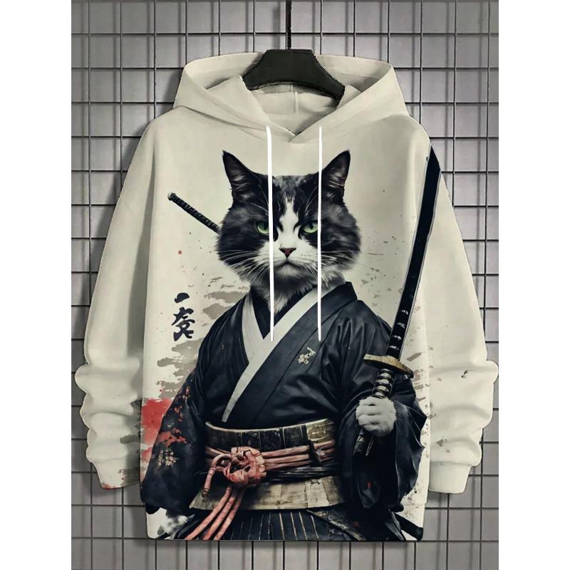 Japanese Samurai Cat Hoodie For Men Autumn And Winter Fashion Hoodie Casual Men's Long Sleeved T-Shirt Oversized Streetwear 5xl