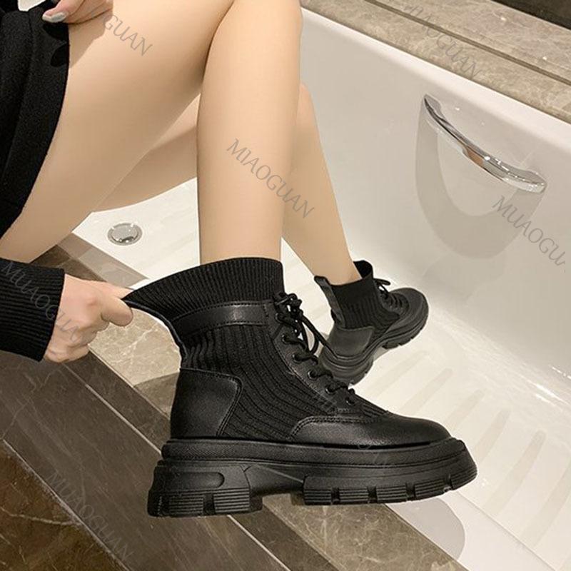 Fashion Spring Autumn Knitted Sock Boots for Women Round Head Lace-up High-heeled Comfortable Versatile Short Boots Fashion Women's Shoe