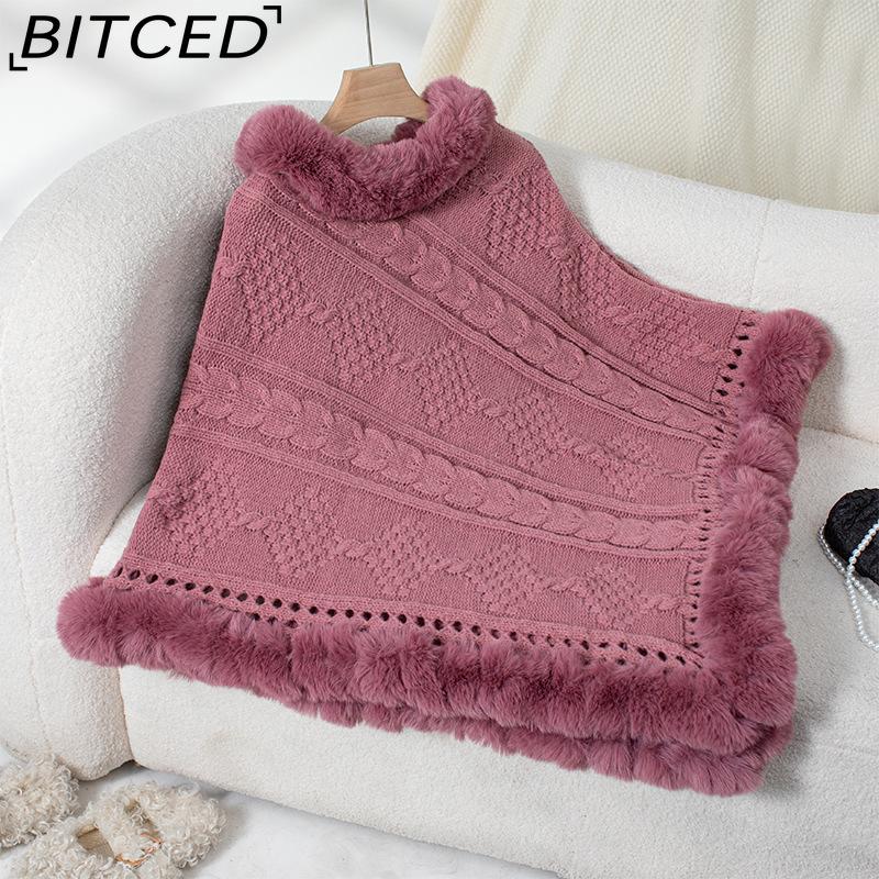 BITCED Oversized Fall/Winter Warm Faux Rabbit Fur Collar Cape Chunky Cable Knit Sweater Jacket