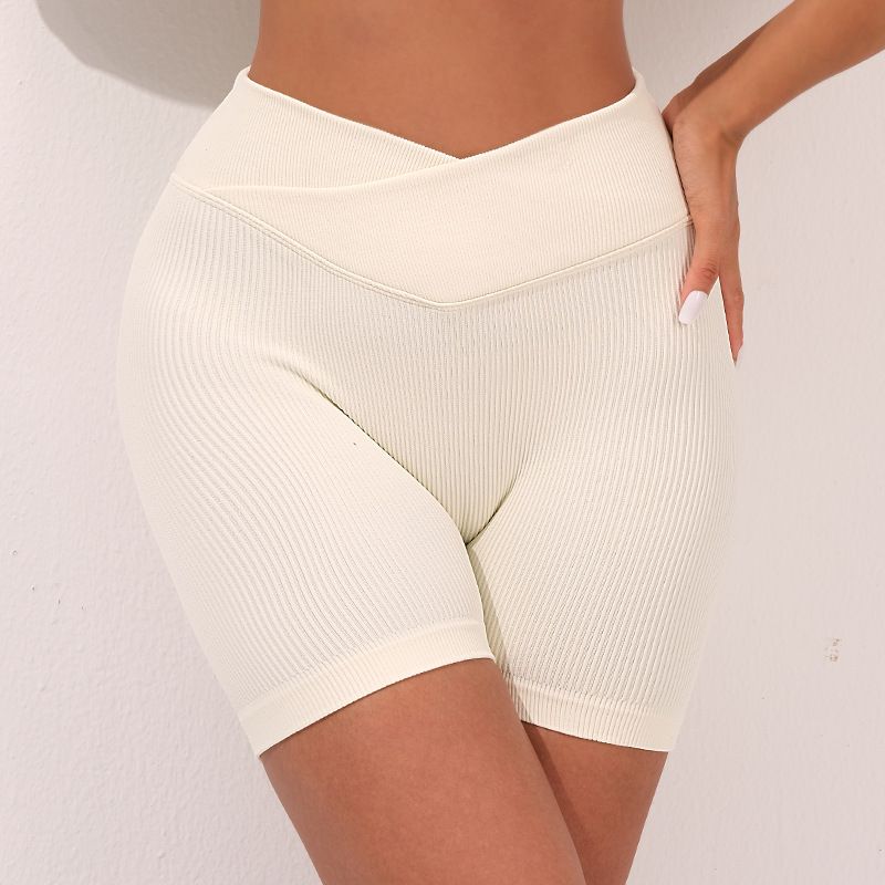 

Cross-Border Thread Yoga Clothes Five-Piece Set Open Back Drawstring Bra Sports Vest Cross Shorts Pants Jumpsuit for Women Creamy-white shorts M
