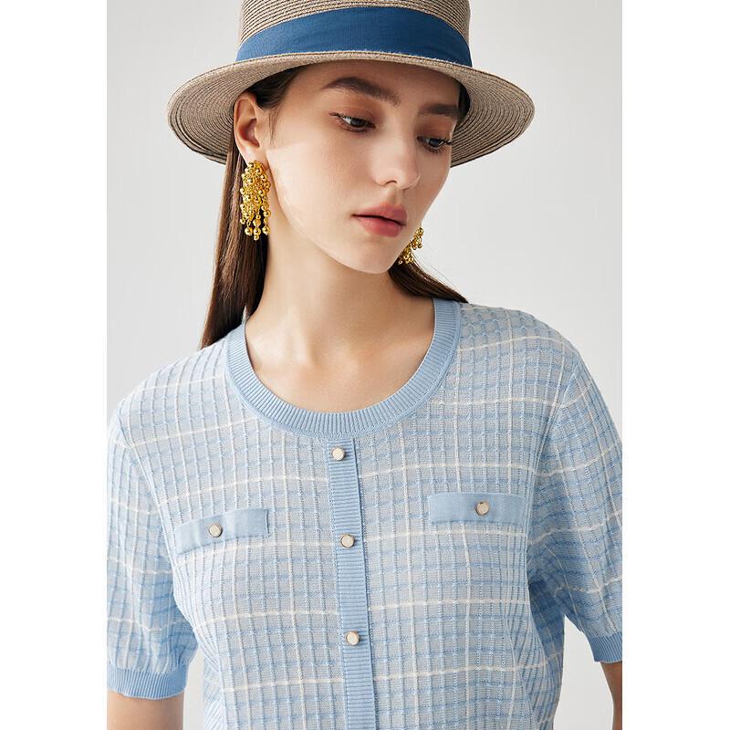 Zhaojun Women's Mulberry Silk Plaid Knit Short Sleeve Top