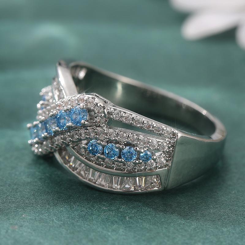 Aesthetic Inlaid White Sea Blue CZ Women's Ring Trendy CopperColor Geometry Hollow Daily Wear Party Jewelry Anniversary Gift