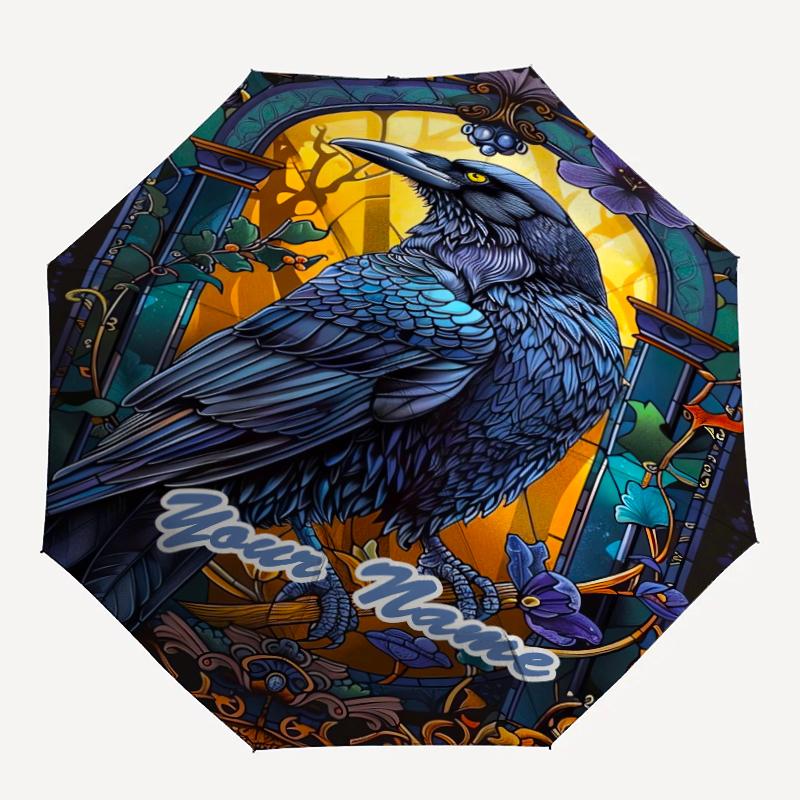 1PC Custom Name Elegant Raven Artwork Automatic Folding Umbrella Compact Travel Umbrella for Men & Women, Ideal Gift for Christmas, Birthdays, Hallowe