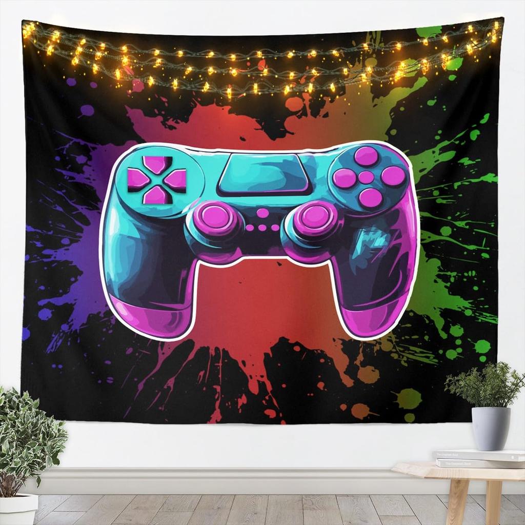 Flame Gaming Controller Tapestry, Black Background with Colorful Controller Pattern for Boys' Bedroom and Gamer Room Decor