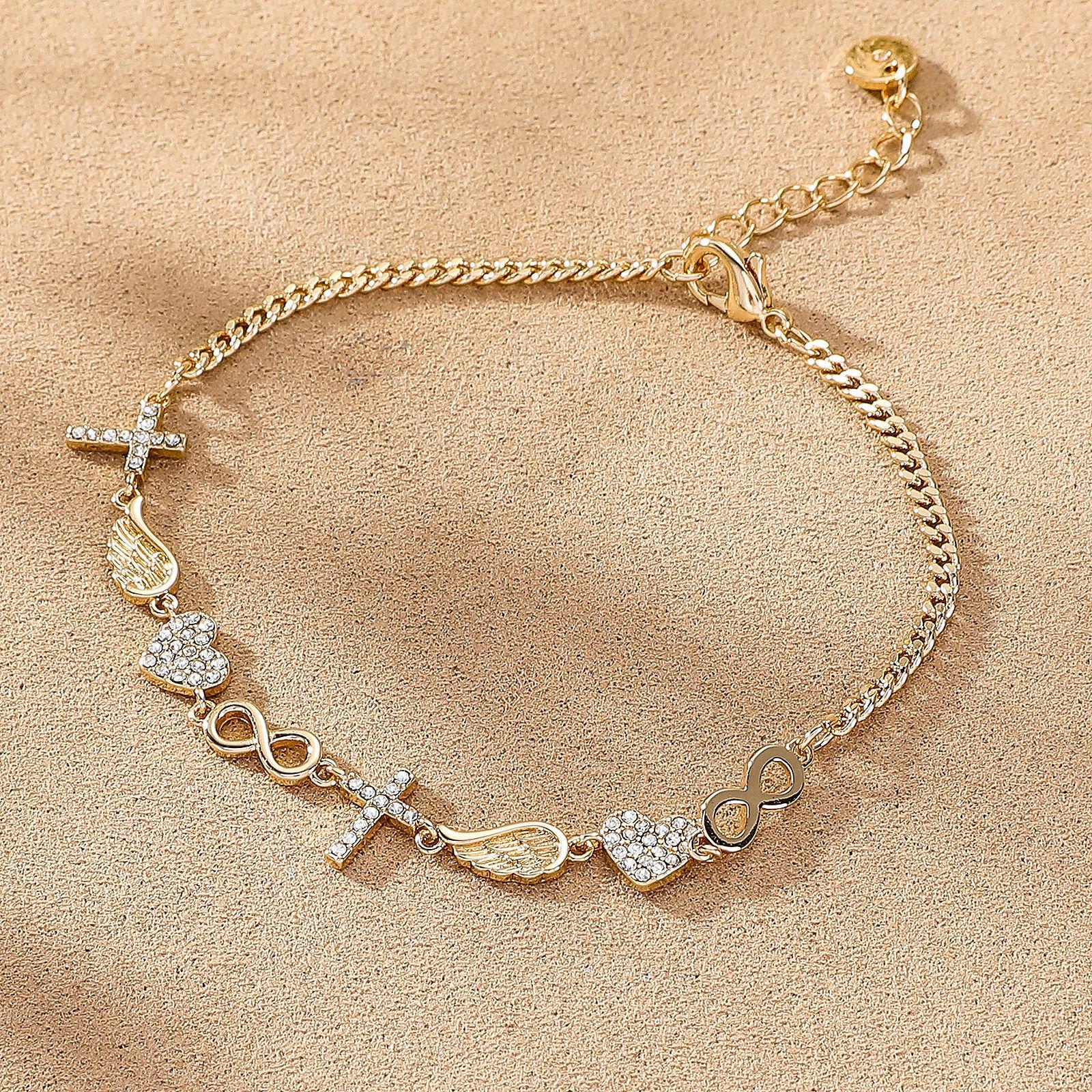 European Fashion Wings Cross Zircon Bracelet - Light Luxury Full Diamond Jewelry