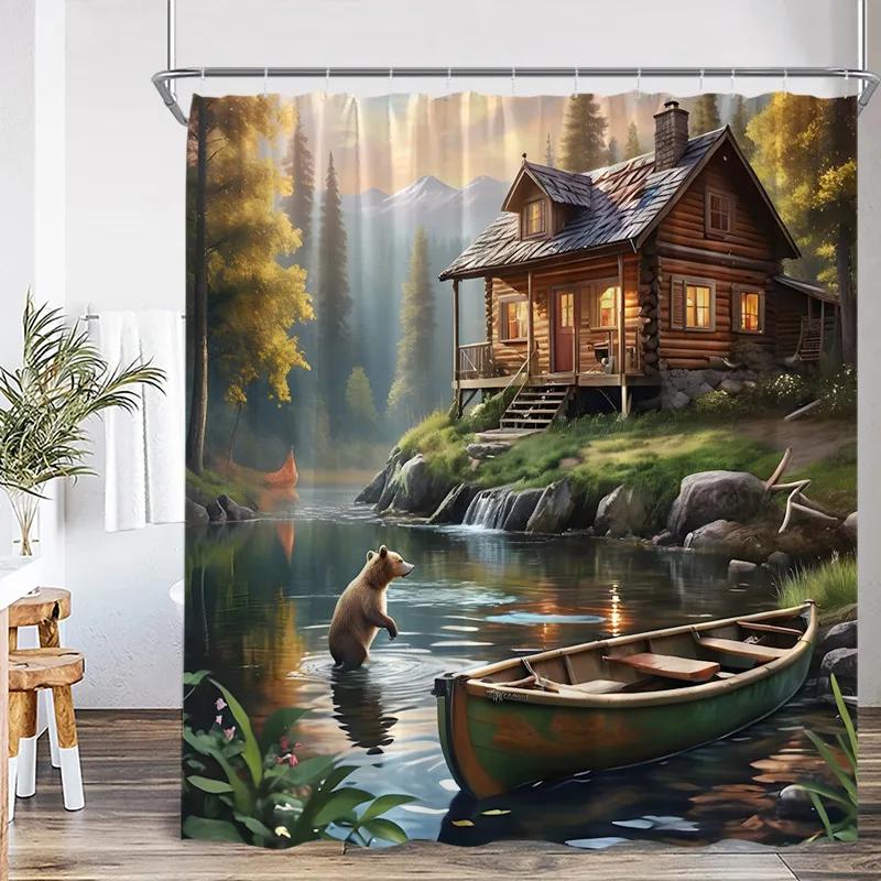 

Осенний Лесной Пейзаж Занавески для Душа Красные Клены Водопад Деревянный Домик Медведь Осенний Пейзаж Ткань Домашний Декор для Ванной Комнаты 180x200cm-70x78in
