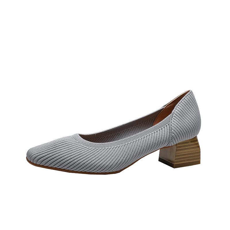 Square head medium heel single shoes women's shallow mouth new fly-woven one-pedal soft-soled thick heel high heels