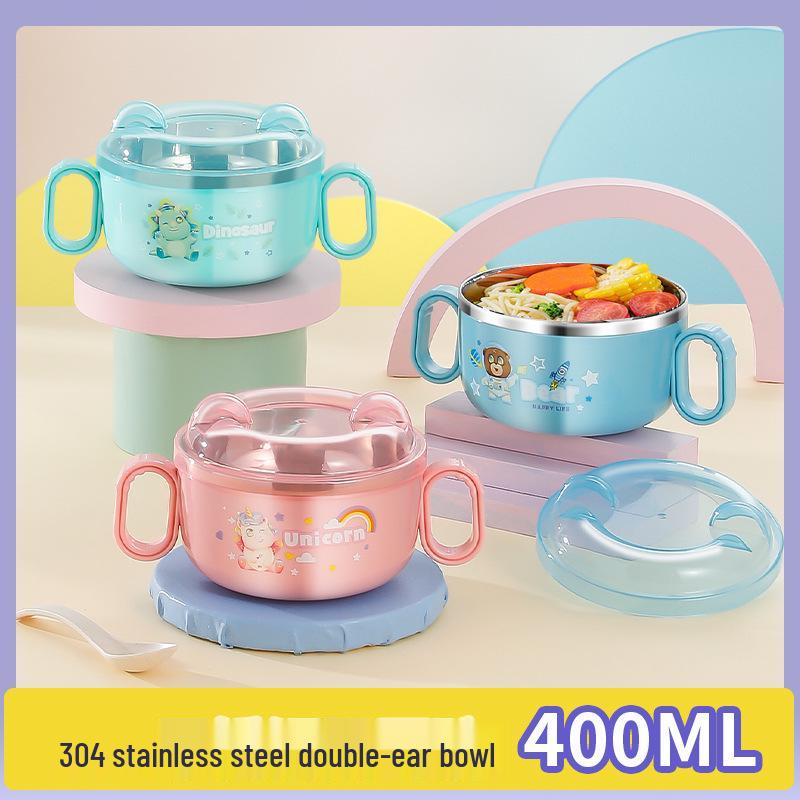 304 Stainless Steel Anti-fall Children's Bowl with Lid, Double Ear, Cute Cartoon for Infants.
