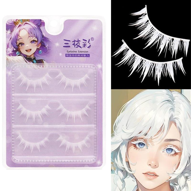 3Pairs Cross Strip White Eyelashes for Cosplay Makeup Natural Looking Long Lashes
