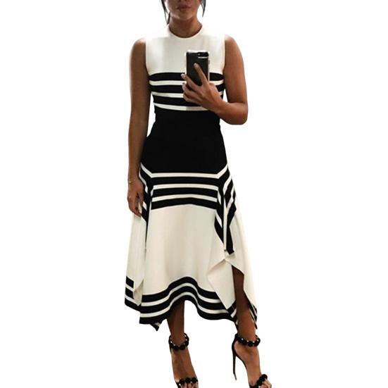 

Женское платье макси без рукавов, летнее повседневное платье в полоску с высокой талией и круглым вырезом, струящееся длинное платье с разрезом и неровным подолом L чёрный