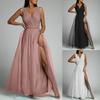 Glänzendes V-Ausschnitt Taillenbetontes Schlankmachendes Maxikleid mit Schlitz, Sexy Abendparty-Kleid für Damen Europäischer Amerikanischer Crossbody-Stil