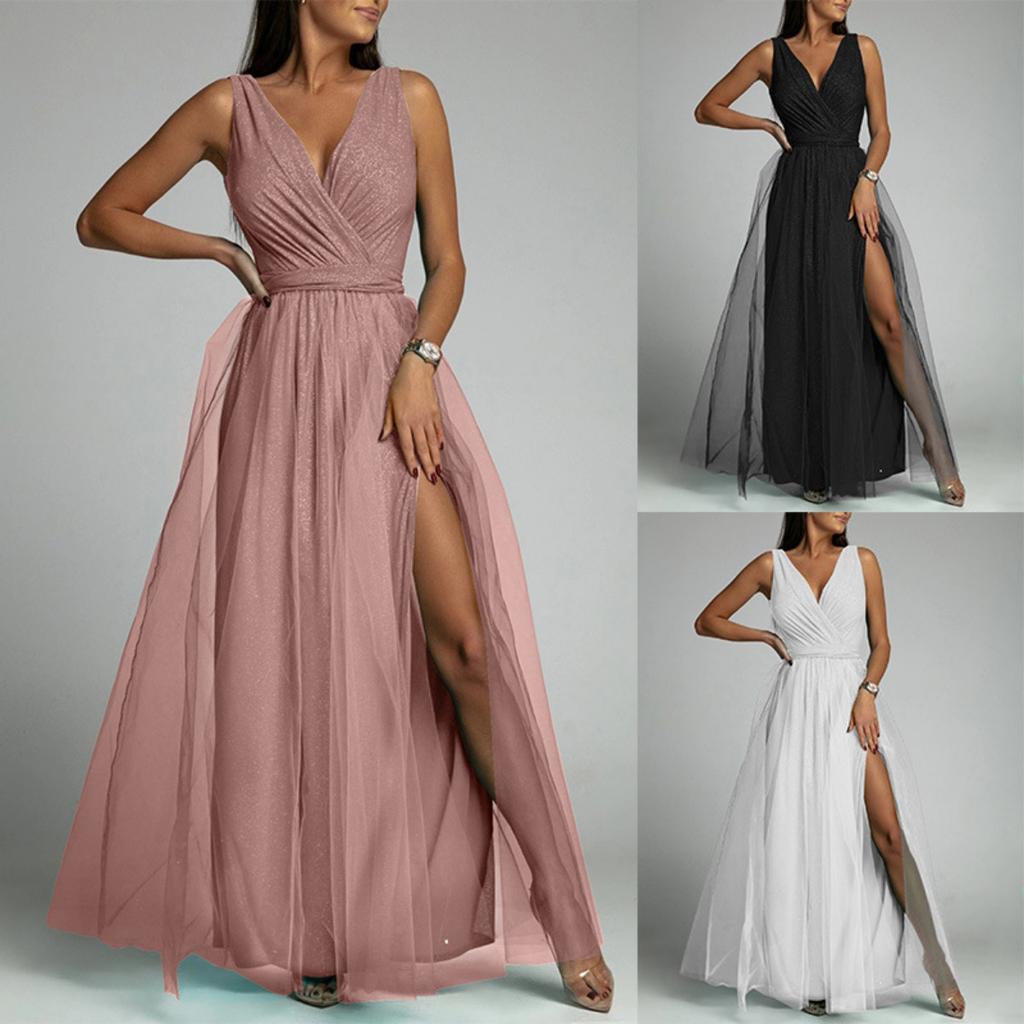 Glänzendes V-Ausschnitt Taillenbetontes Schlankmachendes Maxikleid mit Schlitz, Sexy Abendparty-Kleid für Damen Europäischer Amerikanischer Crossbody-Stil