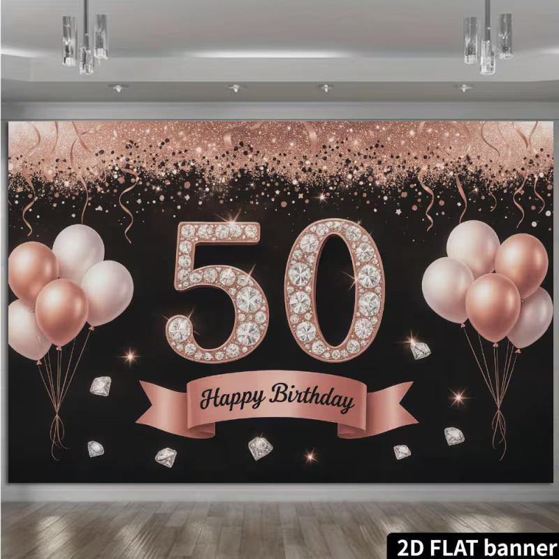 2D Black Rose Gold 50th Birthday Backdrop - Luxury Diamond Number 50 Banner for Women 50th Birthday Photoshoot