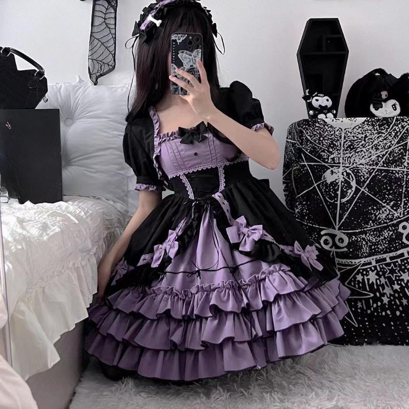 Victoriaanse Vintage Lolita Jurk Dames Gotische Pofkorte Mouwen Gelamineerde Ruches Mini Jurken Strik Ruches Prinses Vestidos XS（old） gray