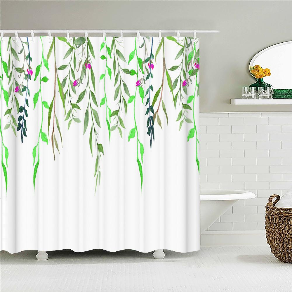 High Quality Blue Fresh leaf Printed Fabric Shower Curtain Plant Leaves Bath Screen Waterproof Bathroom Decor with Hooks