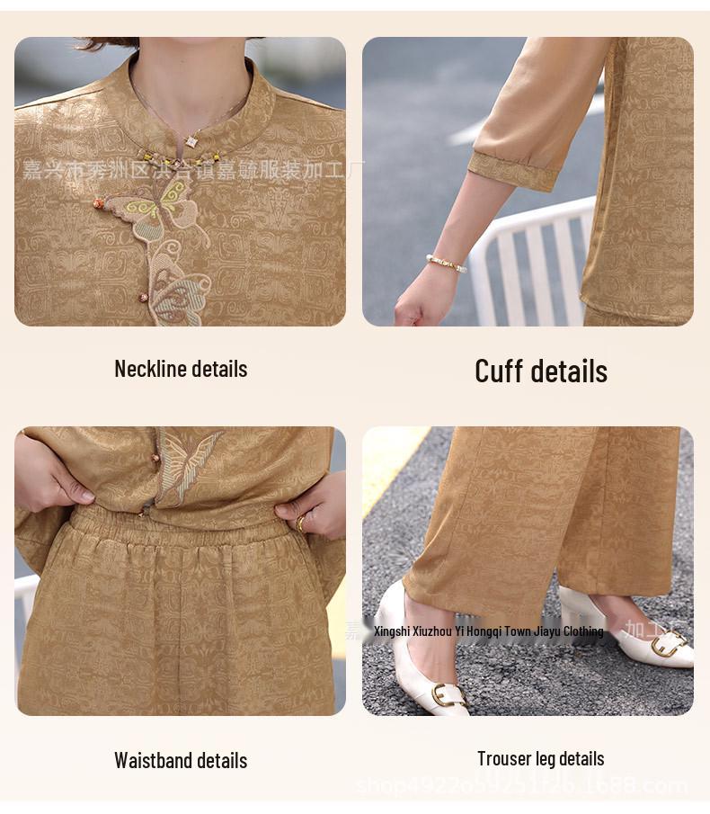 Chiffon Short Sleeve National Style Two-Piece Set for Middle-Aged Women