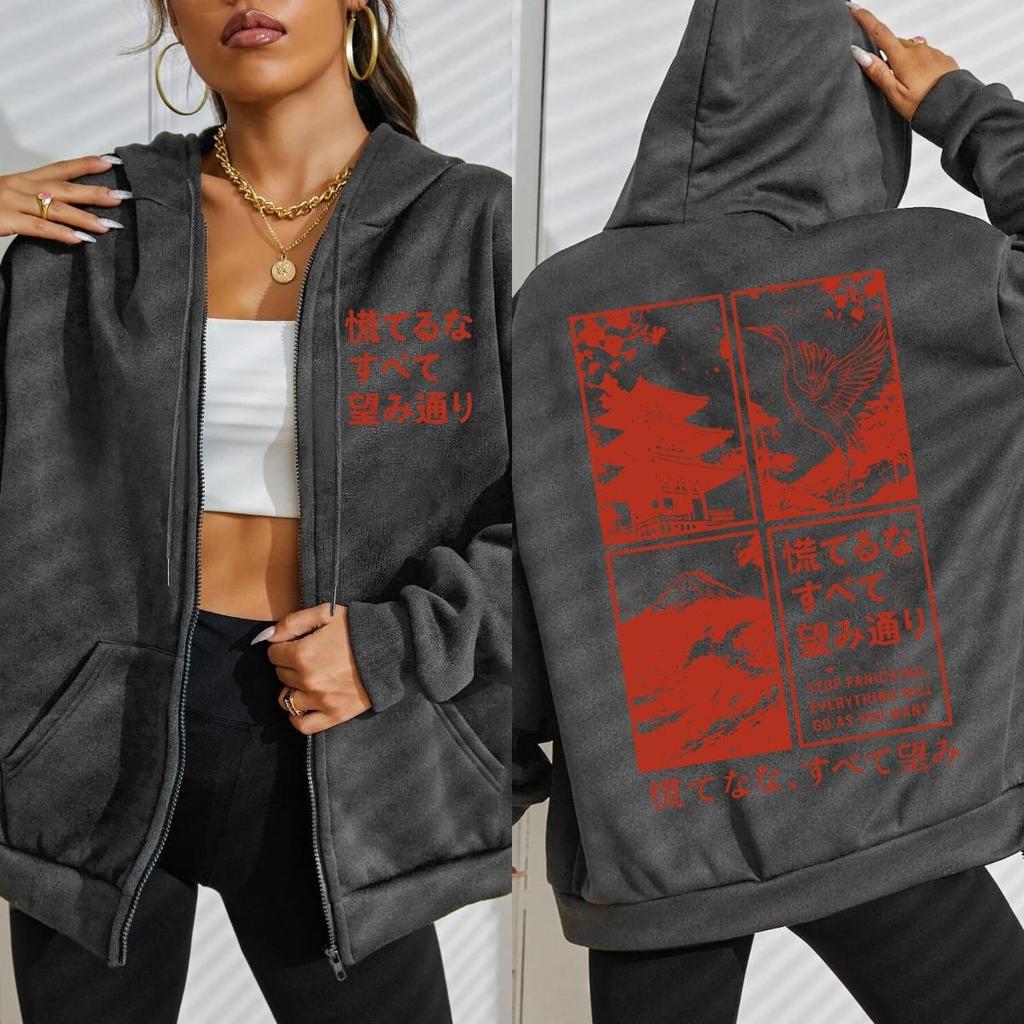 Japan Crane Cherry Blossoms Waves Art Letter Prints Zipper Hoody Woman Sportswear Casual Hoodie Autumn Clothes