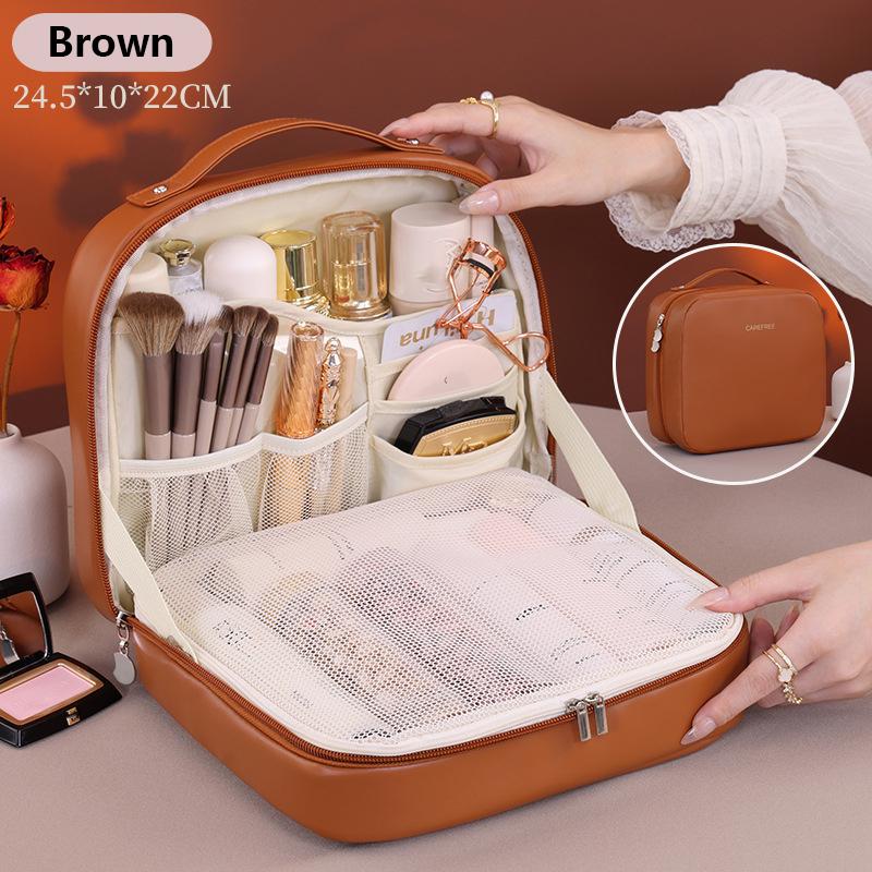 

Tote Pu Fashion Women Travel Makeup Bag Large Capacity Organizer Cosmetic Toiletry Pouch Detachable Double Layer Makeup Bag коричневый