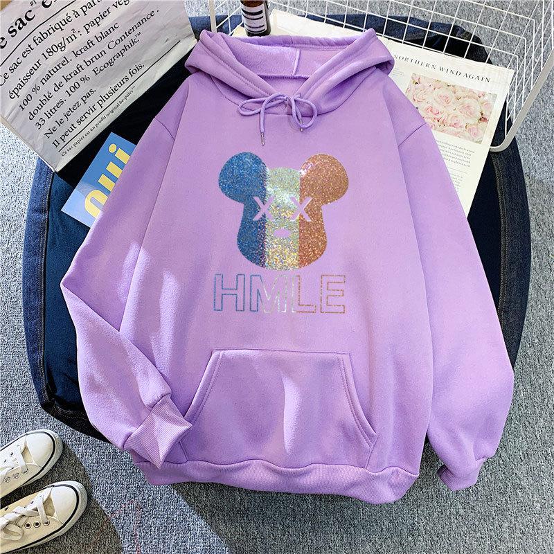 Winter Fall Women Fashion Cartoon Print Hooded Loose Velvet Warm Sweatshirt