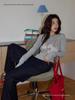 Women's Korean Style Gray Puppy Embroidered Slim Fit Crew Neck T-Shirt, Autumn 2025, with Waist-Cinching Short Long Sleeves