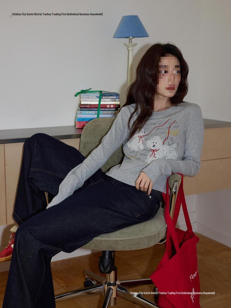Women's Korean Style Gray Puppy Embroidered Slim Fit Crew Neck T-Shirt, Autumn 2025, with Waist-Cinching Short Long Sleeves