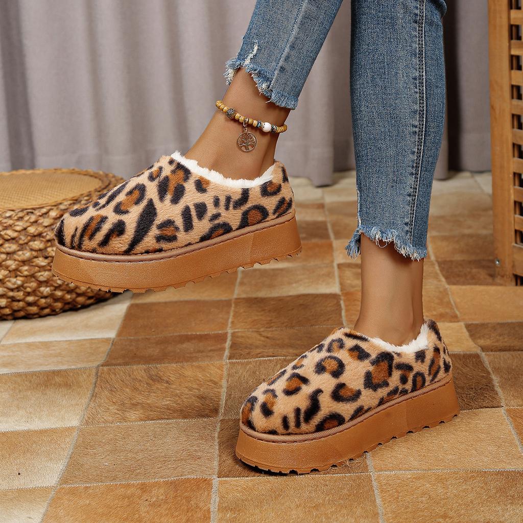Leopard print cotton shoes autumn and winter plush women's snow boots thick sole warm and comfortable home outdoor