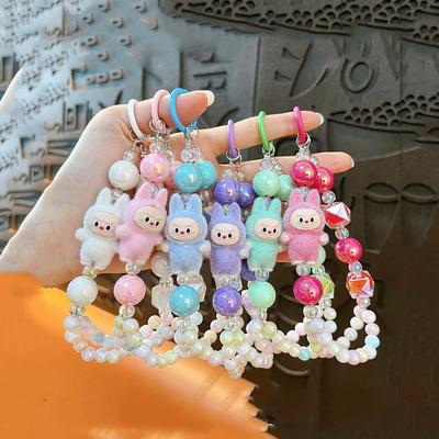 Creative Flocking Modified Doll Cloth Double Line Bead Phone Chain Keychain Cute Bag Car Pendant