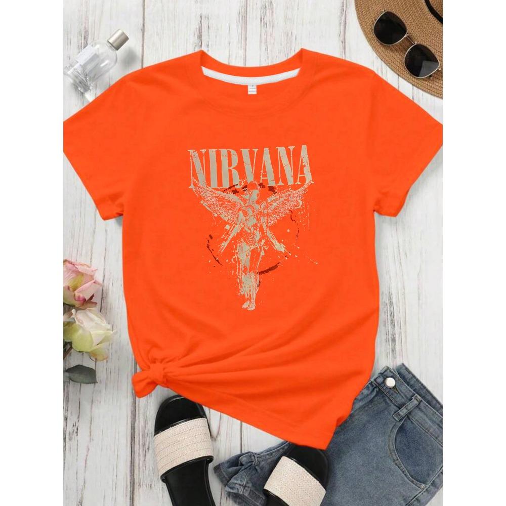 Letters and angels Round neck women's T-shirt short sleeves fashion printed half-sleeve top elastic T-shirt