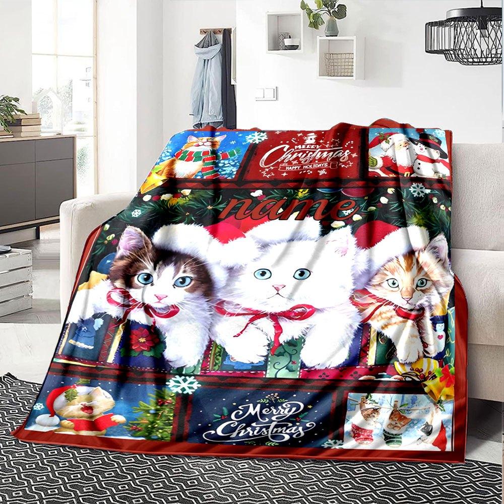 Festive Feline Friends Throw Personalized Blanket Personalized Name Soft Cozy Throw For Sofa Couch Office Bed Picnics Four Seasons Multipurpose