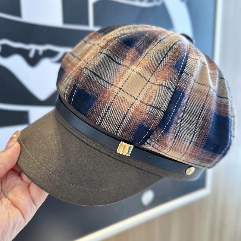Early Autumn New Plaid Splicing Octagonal Hat Women's Belt Buckle Newsboy Hat Tide