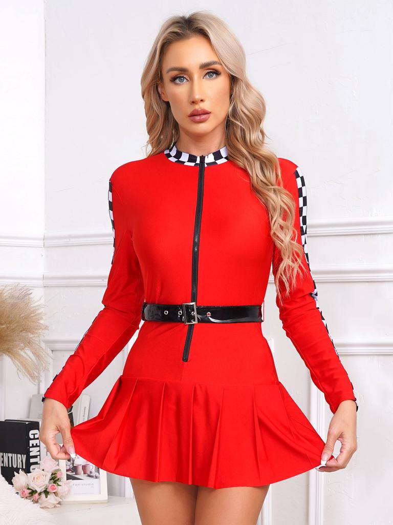 Cosplay Theme Party Cheerleading Dancewear Racer Girl Racing Race Car Driver Costume A-line Checkerboard Pleated Dress with Belt
