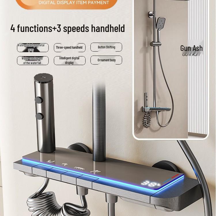 Gray Atmosphere Lighting All-Copper Shower Set with Thermostatic Digital Display and Pressurized Rain Shower Head